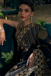 Black  and gold Organza Silk Hand Embroidered Saree Set